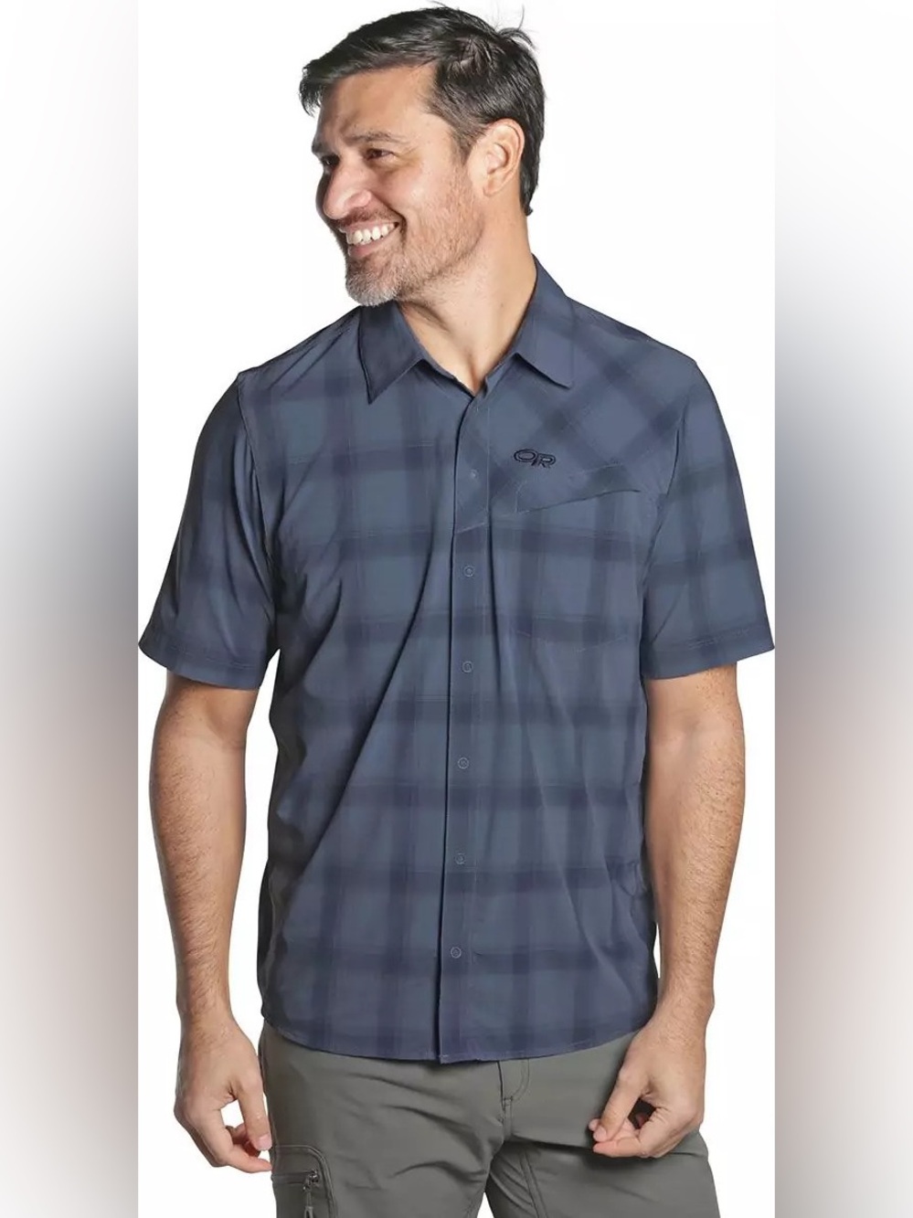 Outdoor Research Astroman Sun short sleeve shirt blue plaid large pocket casual